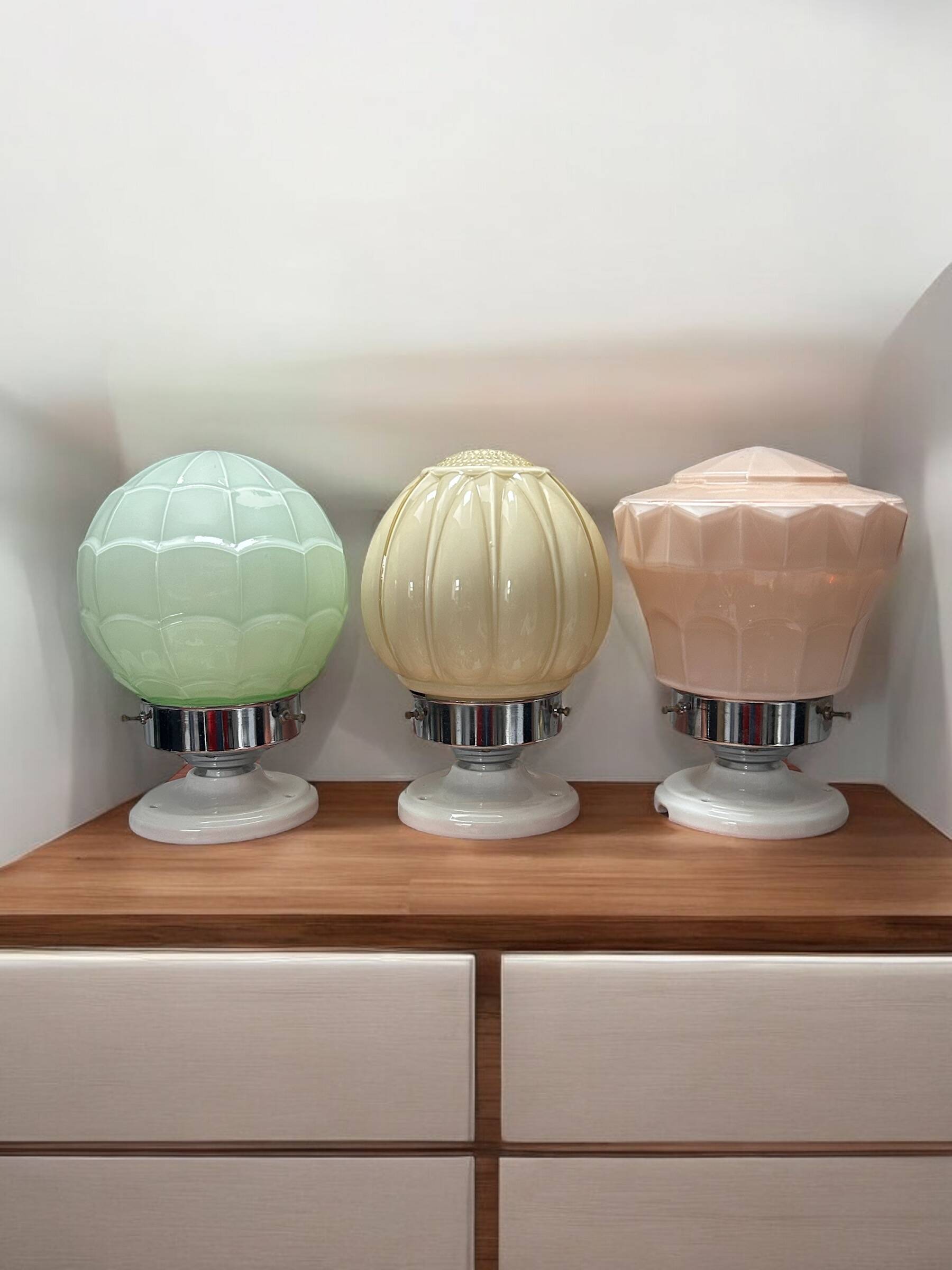 Set of three Thabur globe wall lights in pastel opaline
