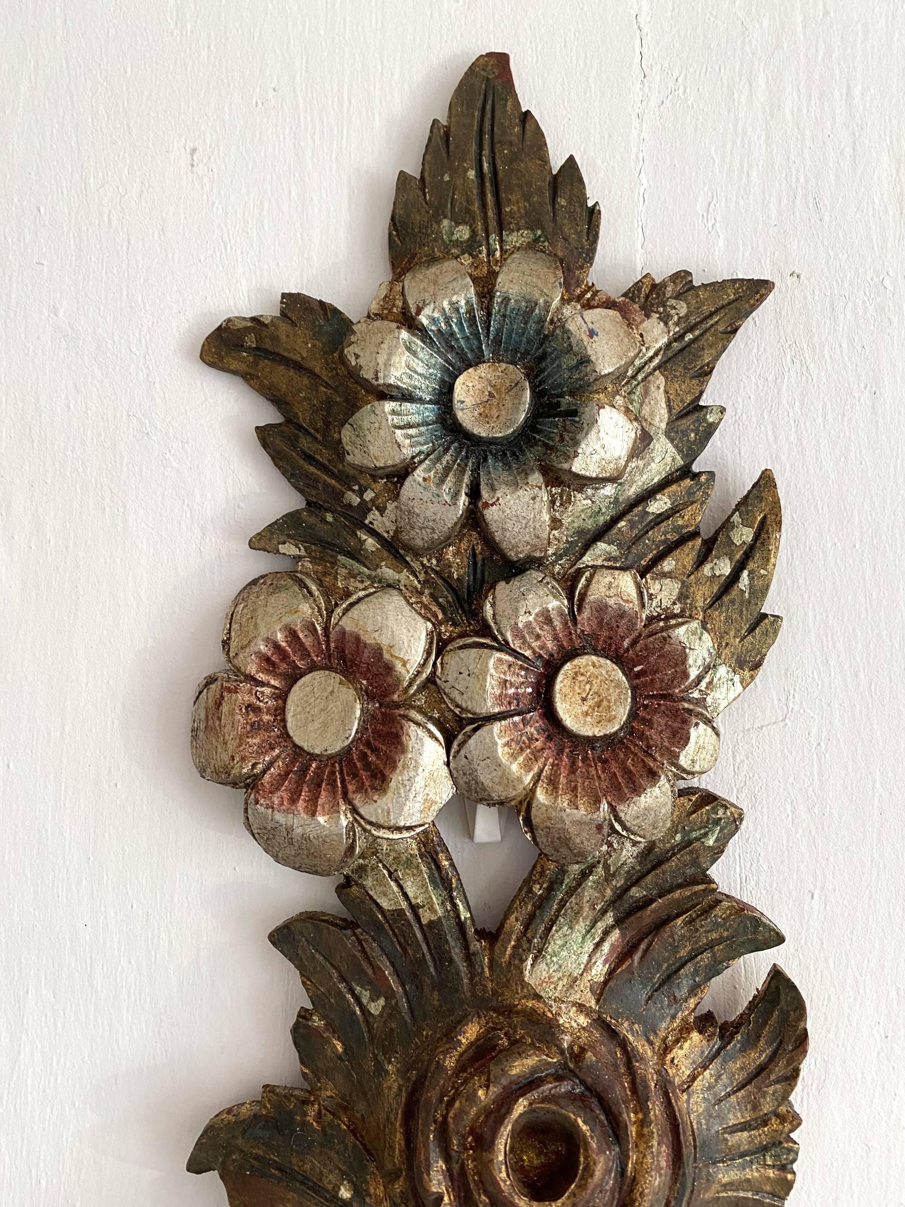 Decorative carved wooden ornament bouquet flowers and ribbon