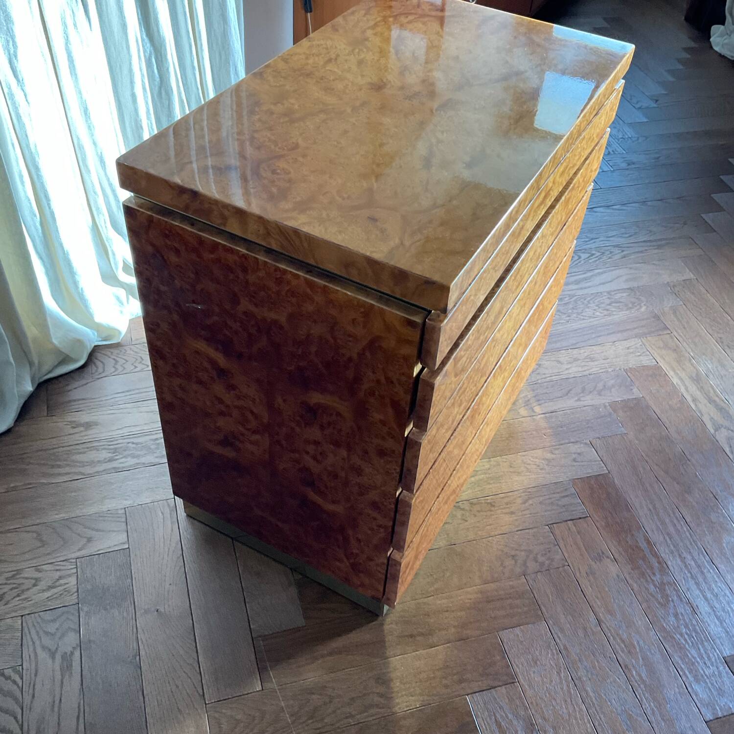 Lacquered elm burl chest of drawers by Jean Claude Mahey, 1970s.