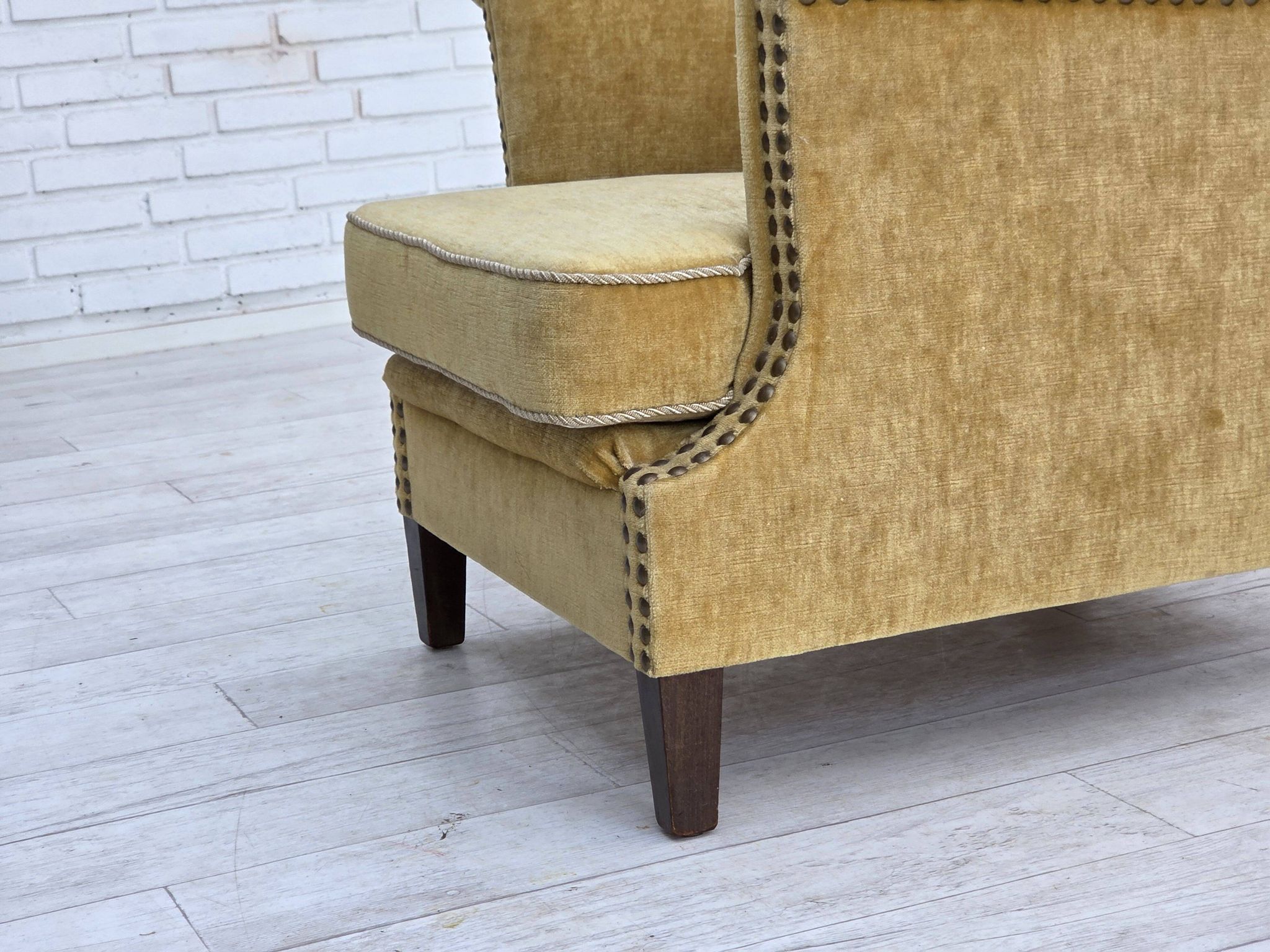 1960s, Danish armchair, honey-yellow furniture velour, original condition.