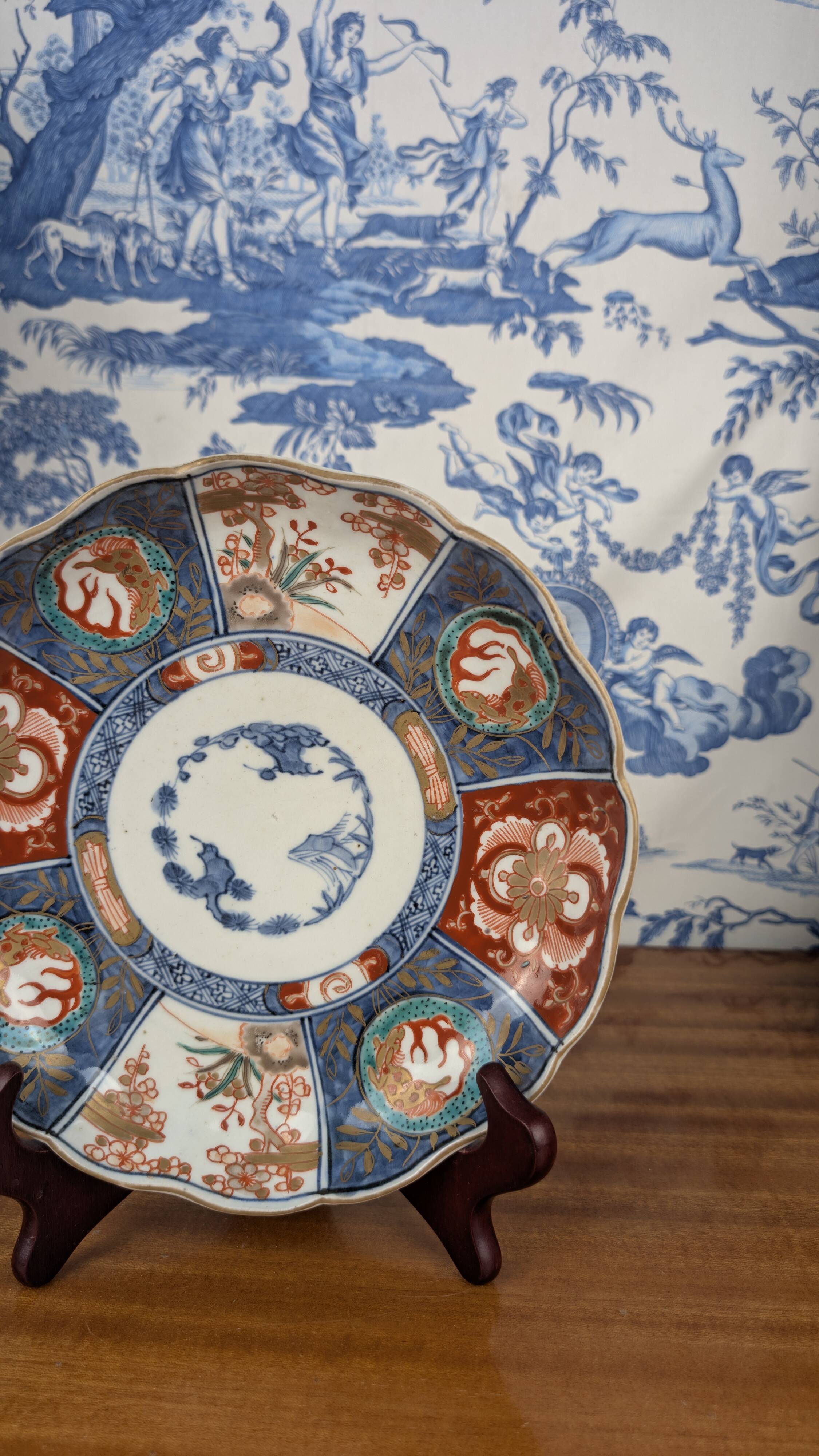 Signed Imari porcelain plate with Japanese lake and deer decoration, 19th century