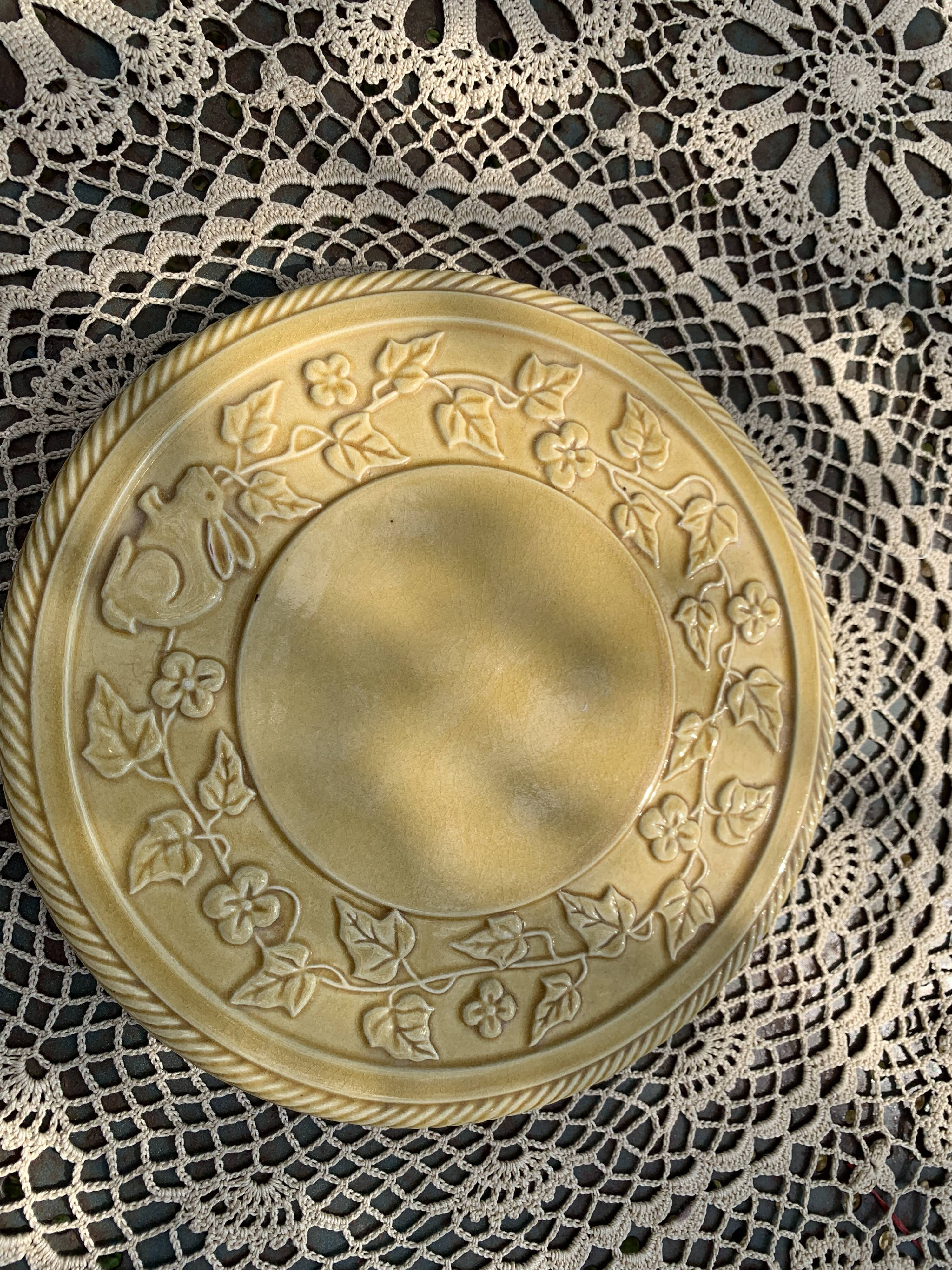 Underside, glazed ceramic, slurry, ivy frieze and rabbit pattern, Vintage