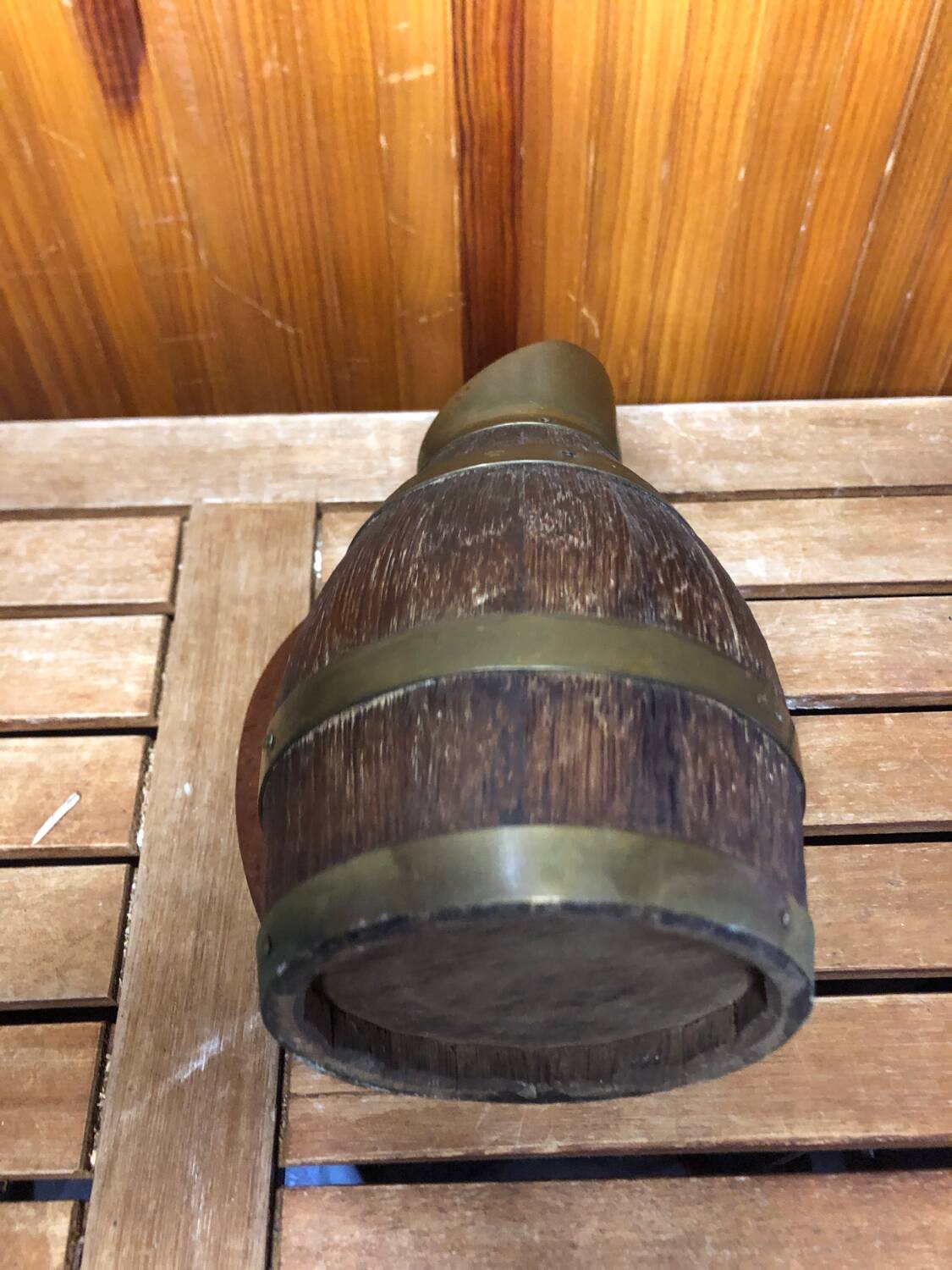 Old Wooden Pitcher + Vintage Brass Strapping