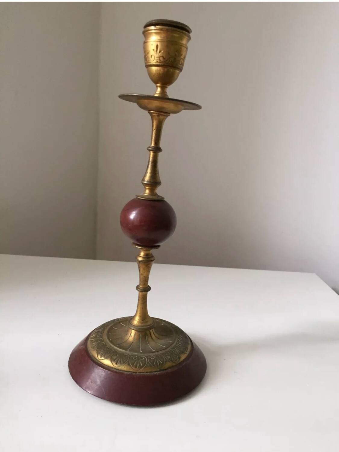 Antique beautiful hard stone candlestick, jasper, red marble, 19th century