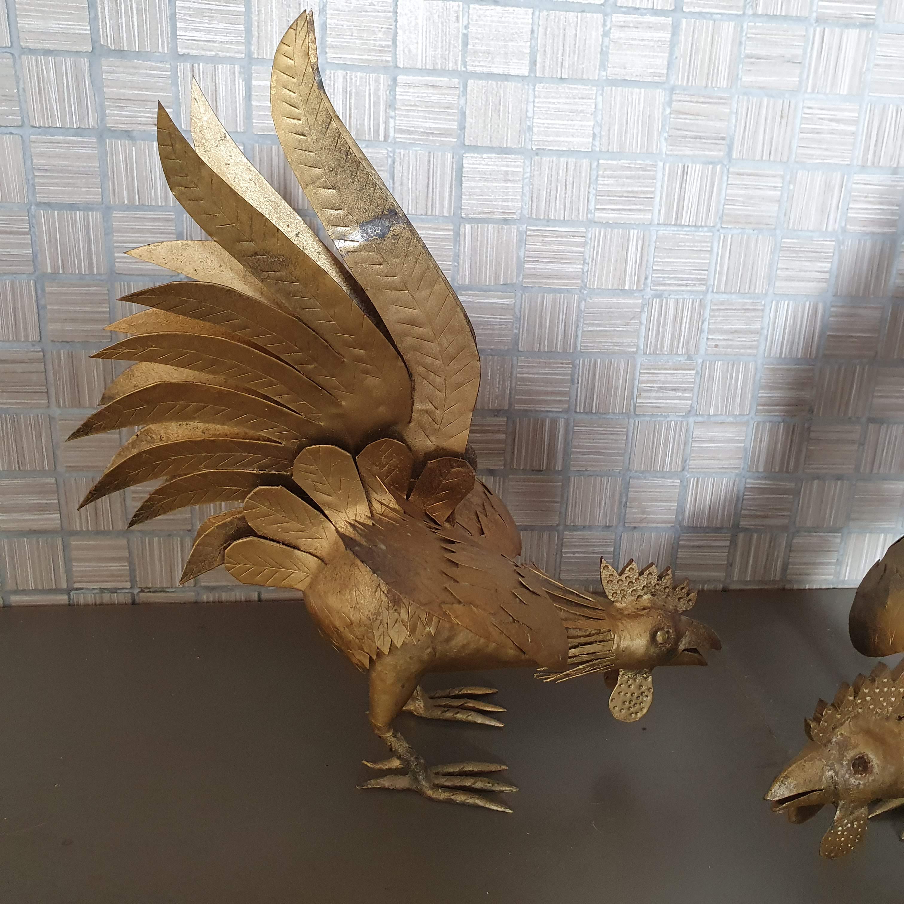 Duo of gold metal roosters 1950