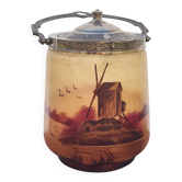 Enamelled glass biscuit barrel 1900