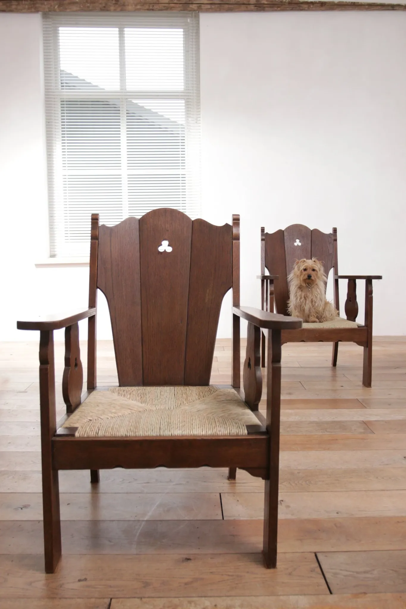Pair of low Brutalist oak lounge chairs with new rush seats – circa 1935
