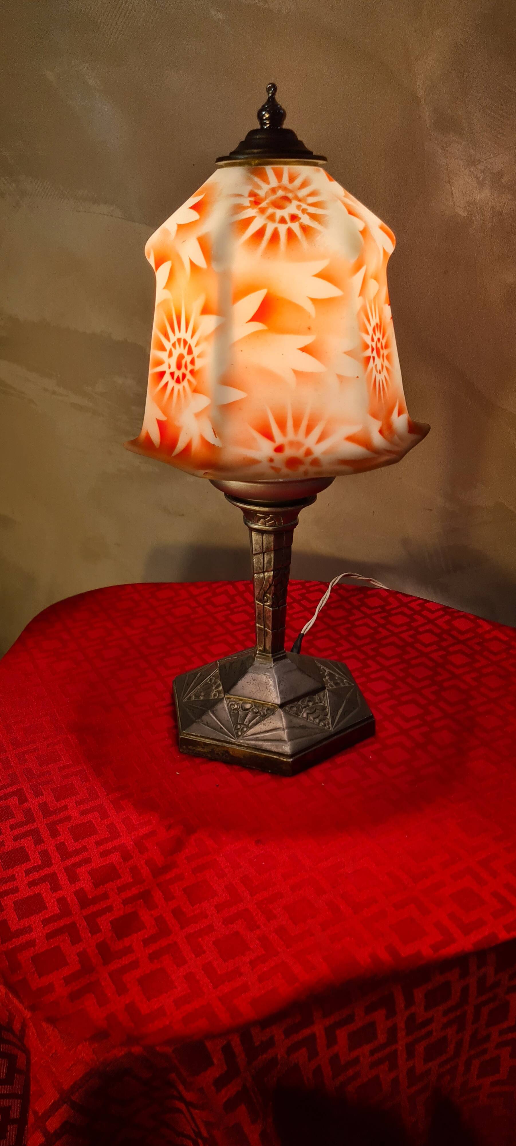 Antique 1930s regul lamp with painted opaline lampshade, art deco, 36x18