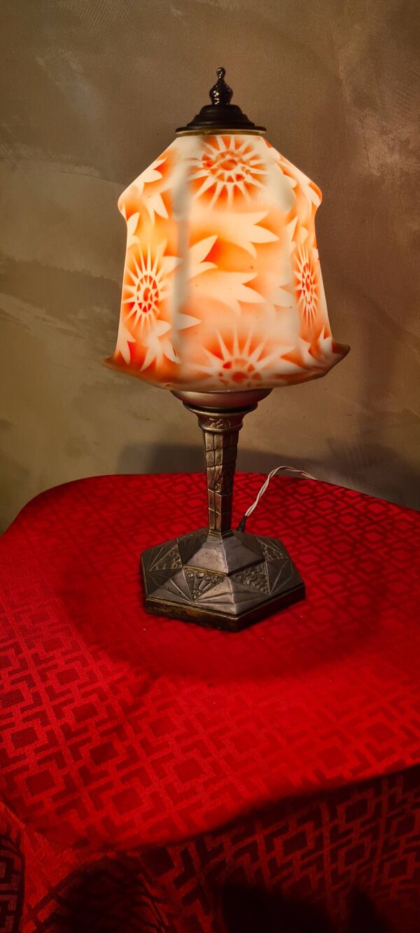 Lampe ancienne regule 1930 abat jour opaline peint art deco 36x18
