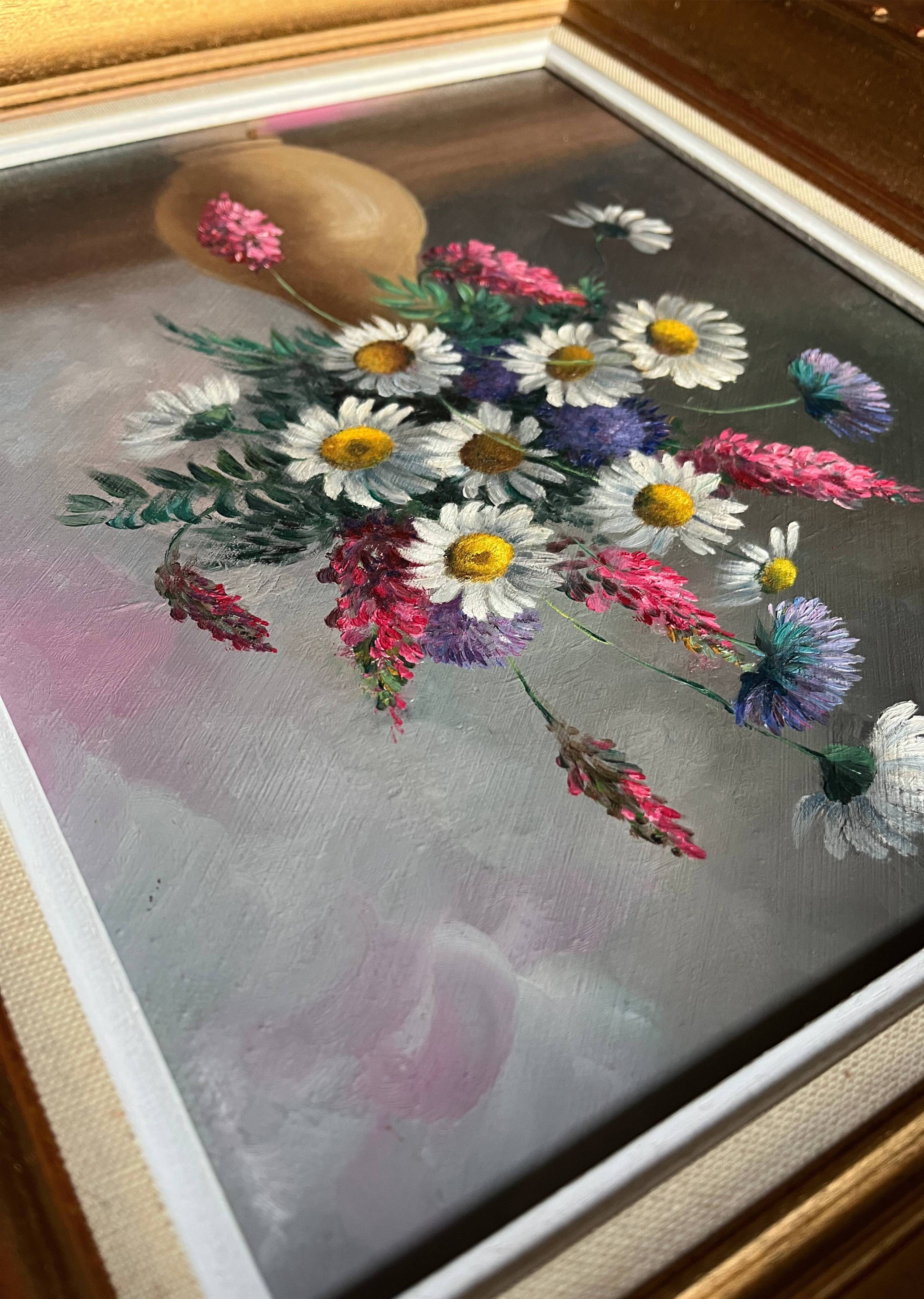 HST painting Bouquet of wild flowers signed Aug. Boiteux + frame