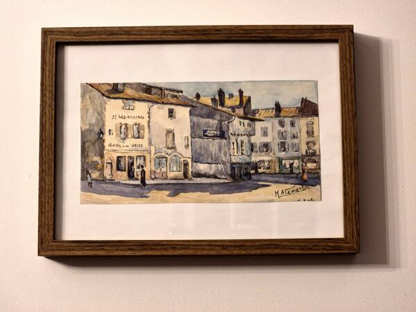 Aquarelle ancienne signée marius alamartine «hôtel de la halle» à charlieu
