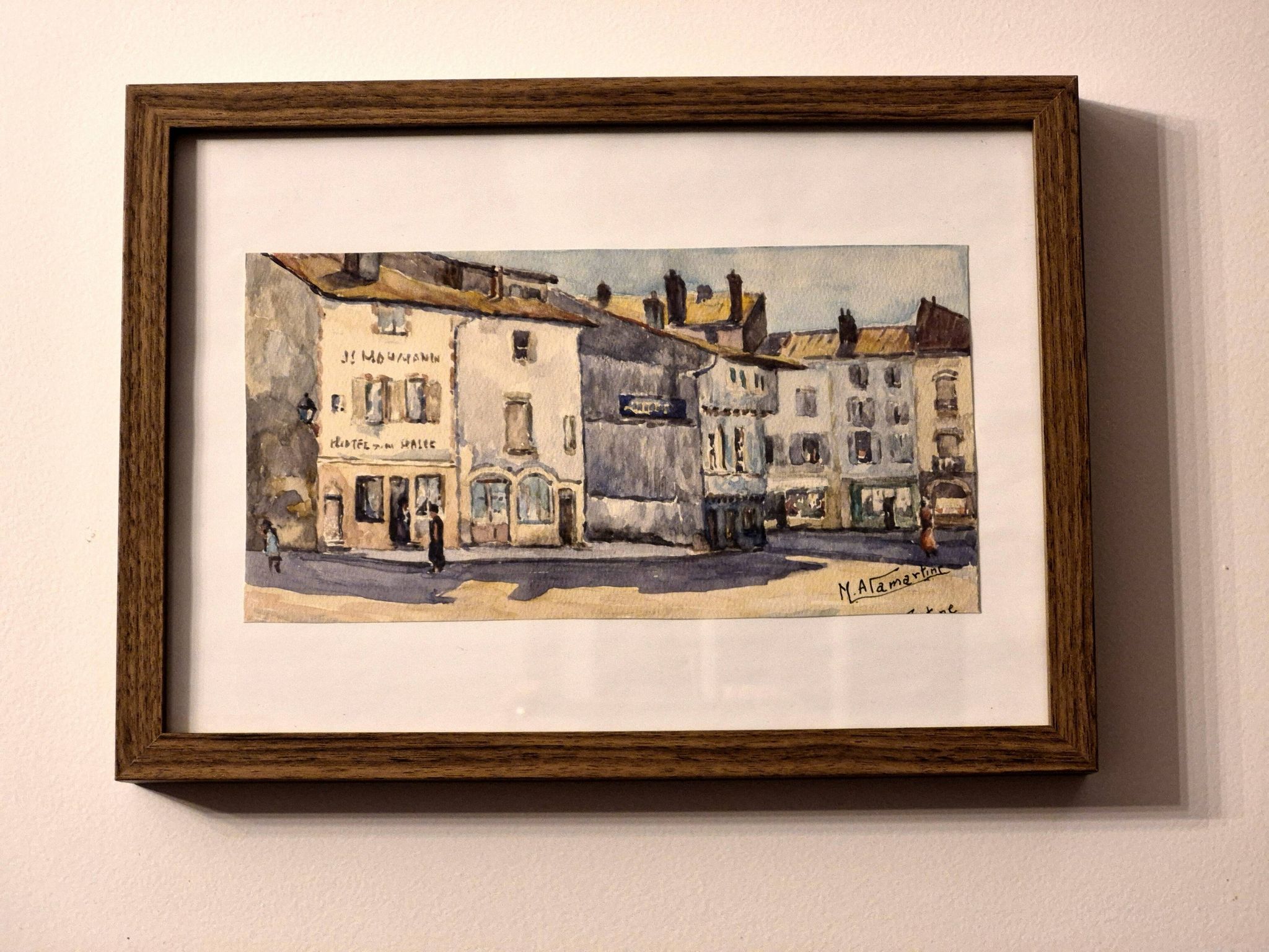 Old watercolour signed marius alamartine "hôtel de la halle" in charlieu