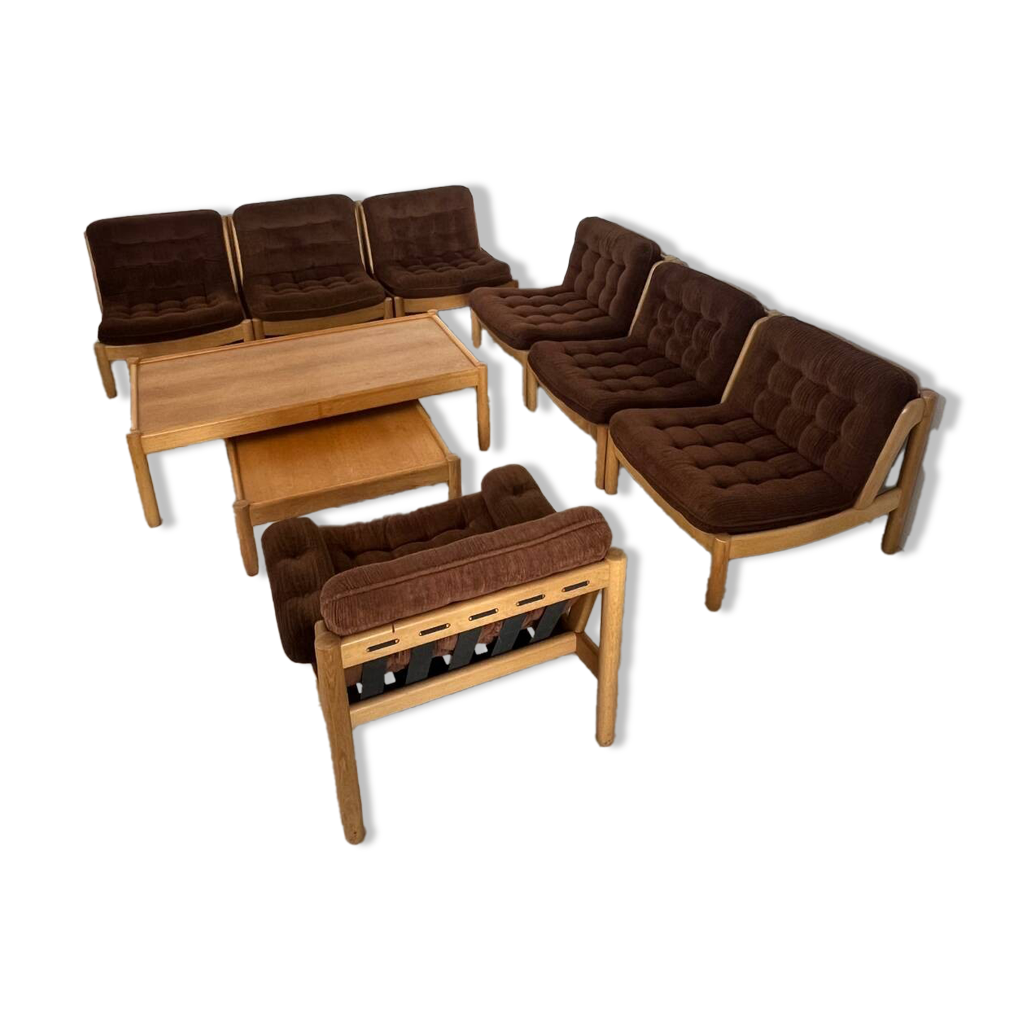 Old modular living room 7 armchairs and vintage Scandinavian design coffee table from the 60s