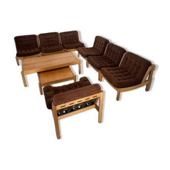 Old modular living room 7 armchairs and vintage Scandinavian design coffee table from the 60s