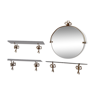 Golden brass mirror and 3 tablets