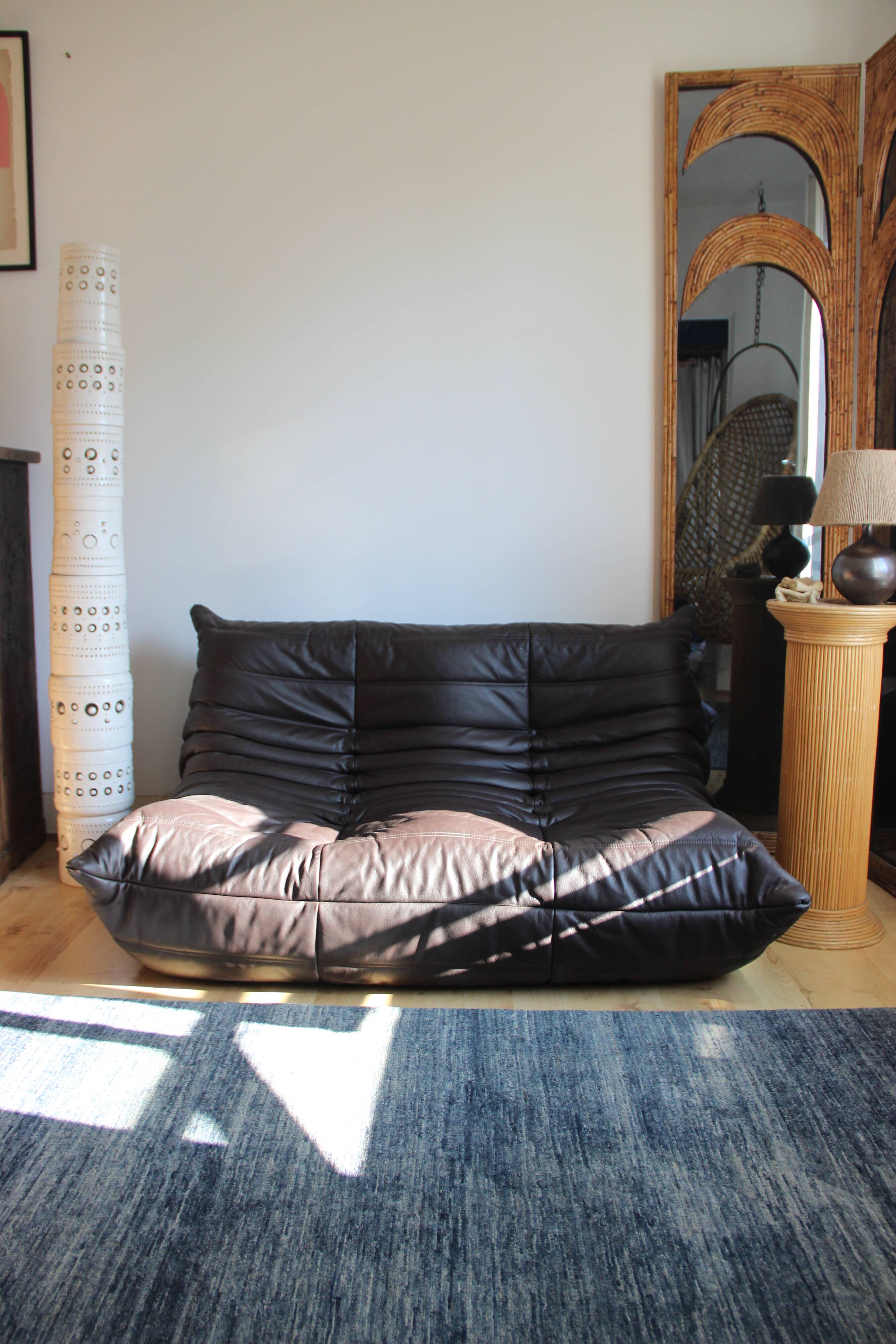 Michel Ducaroy's 2-seater Togo Sofa for Ligne Roset, chocolate leather