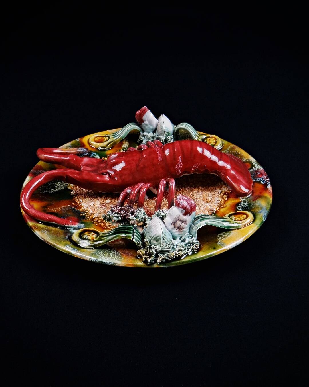 Lobster plate in Caldas da Rainha earthenware slip Palissy majolica