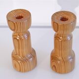 Pair of vintage Scandinavian candle holders in pine 1970