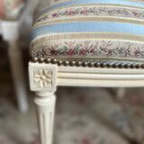 Pair of Louis XVI style chairs in painted wood and satin, classic elegance.