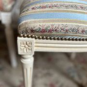 Pair of Louis XVI style chairs in painted wood and satin, classic elegance.