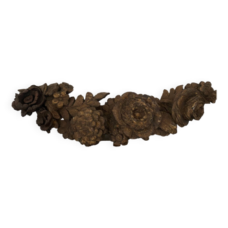 Antique decorative frieze, wooden pediment carved with vintage carved flowers and foliage