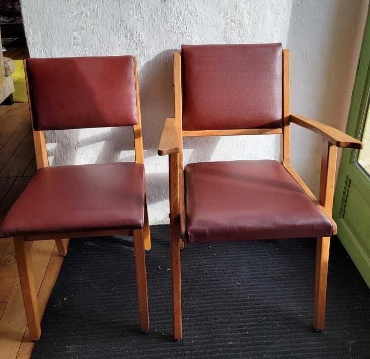 Pair chair/armchair wood and burgundy skaï, 50s