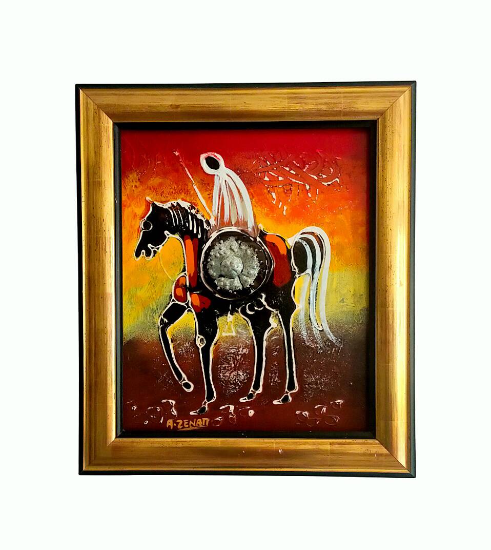 Painting signed A. ZENATI (Abderrahmane, 1943) – Oil on wood panel – Cavalier Fantasia