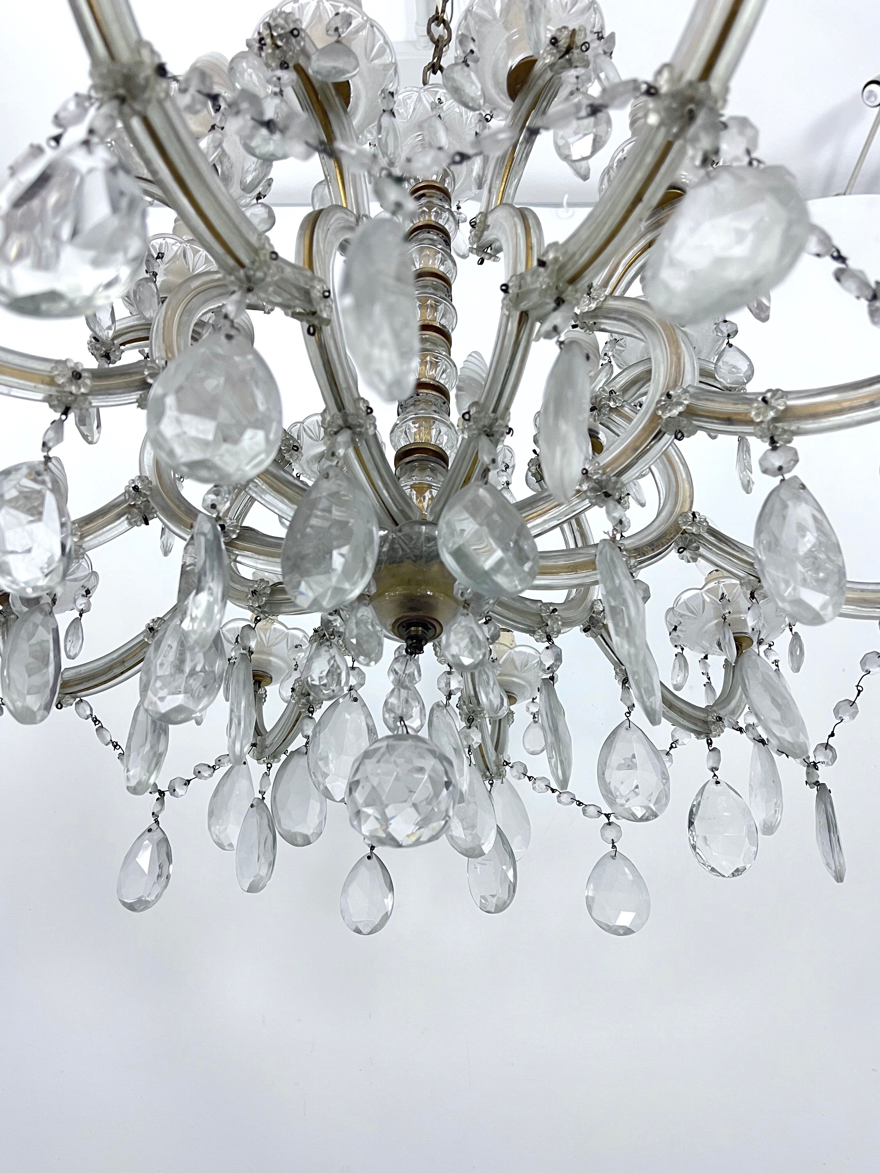 Mid-Century Maria Teresa crystal and brass large chandelier. Italy 1940s
