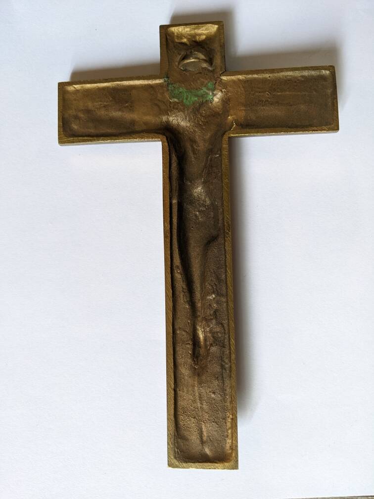 INRI gilded bronze wall crucifix, ancient religious object
