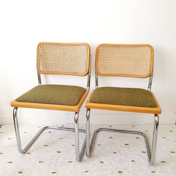 Paire de chaise Marcel Breuer cannage et tissu