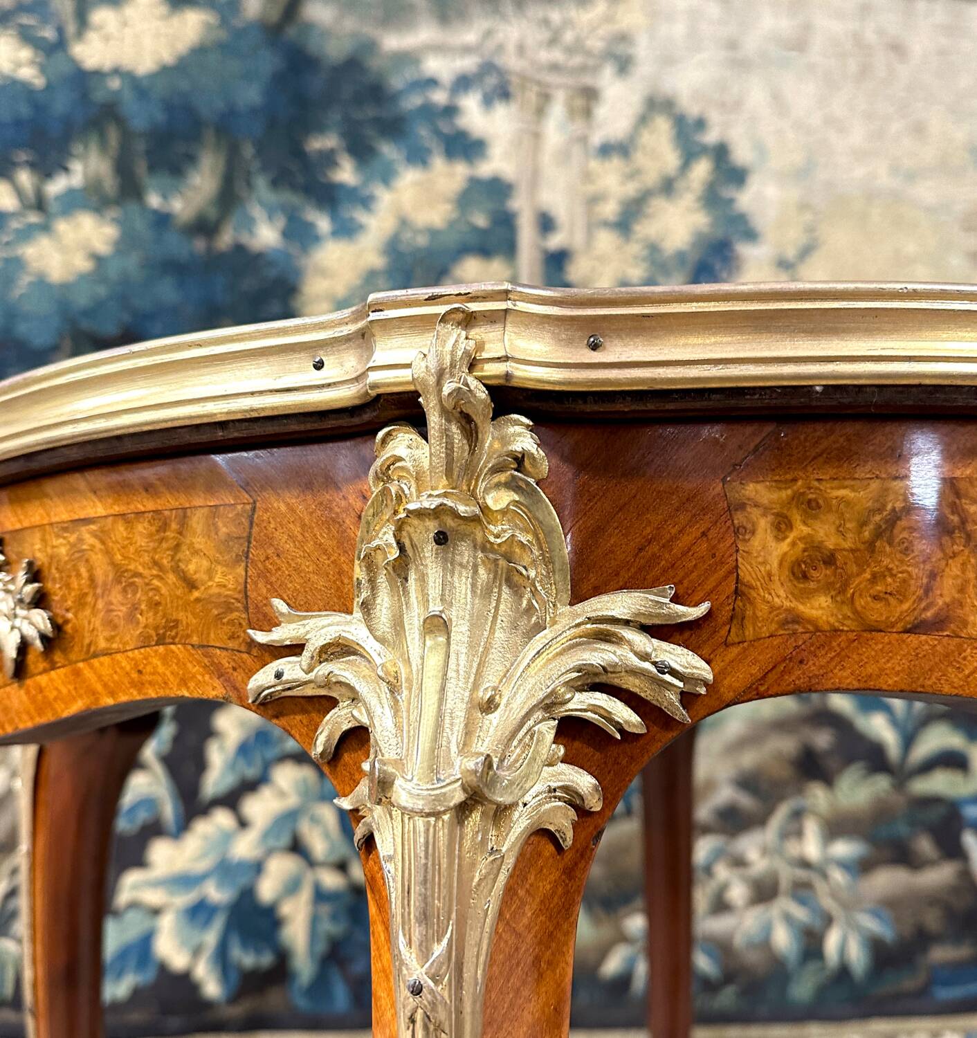 Pedestal table in marquetry and gilded bronzes, louis xv style, napoleon iii period