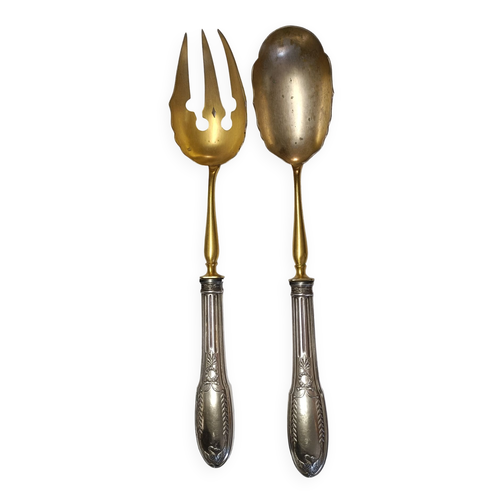 Salad spoon and fork, solid silver handle by emile puiforcat empire style "swan"