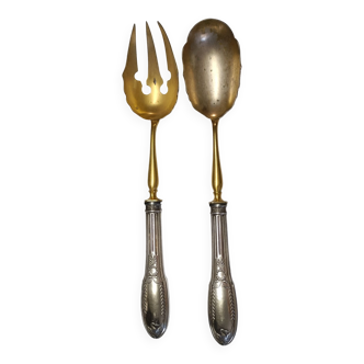 Salad spoon and fork, solid silver handle by emile puiforcat empire style "swan"