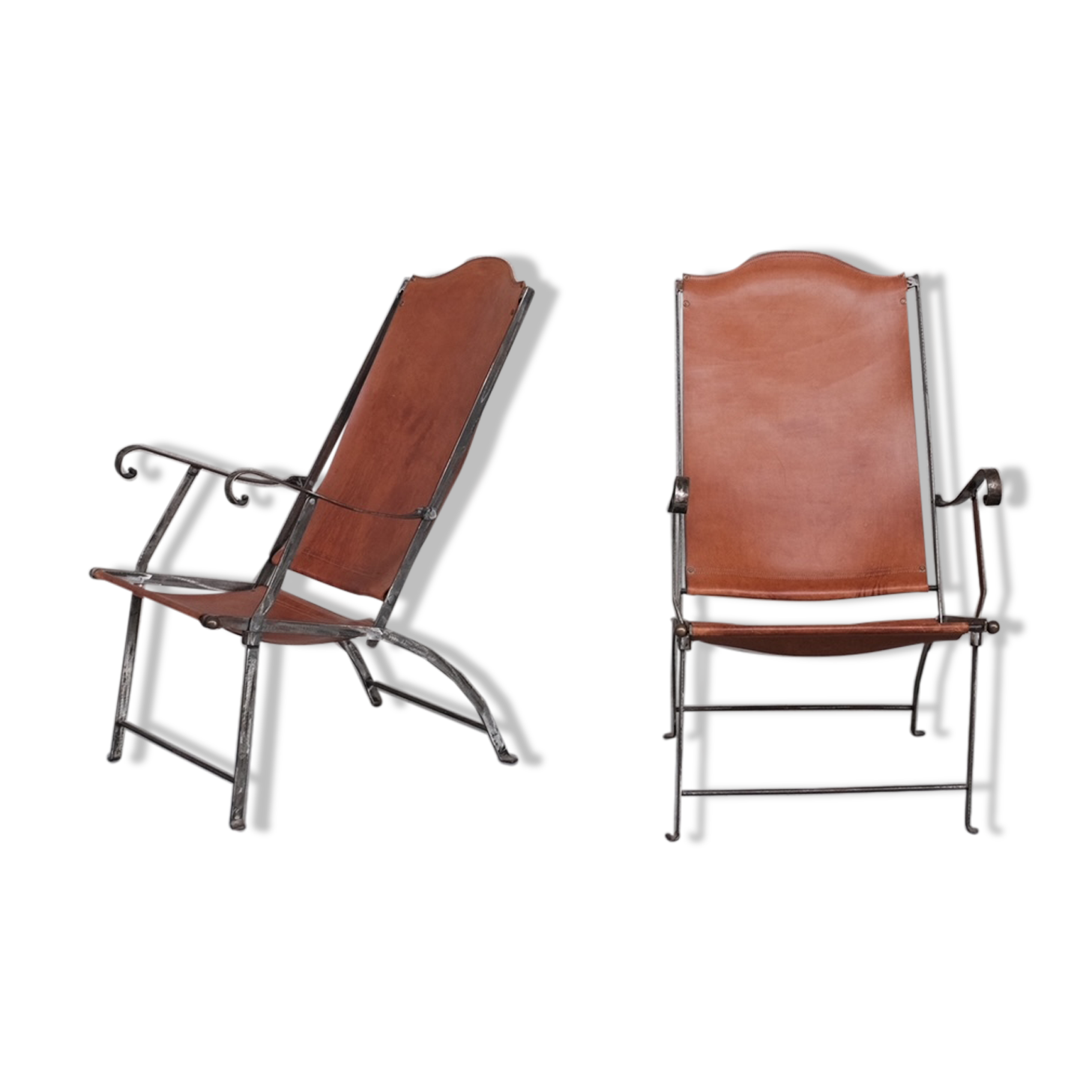 Pair of mid-century leather and metal folding armchairs