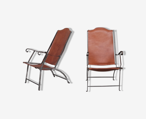 Pair of mid-century leather and metal folding armchairs