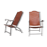 Pair of mid-century leather and metal folding armchairs