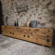 Old French industrial workshop furniture in pine / storage bench, circa 1880–1900