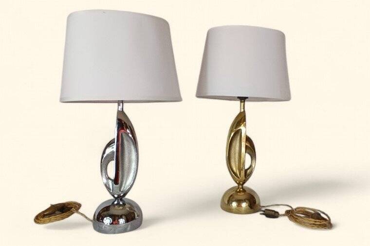 Pair of "Space Age" Table Lamps in Copper and Chrome, 1970s.