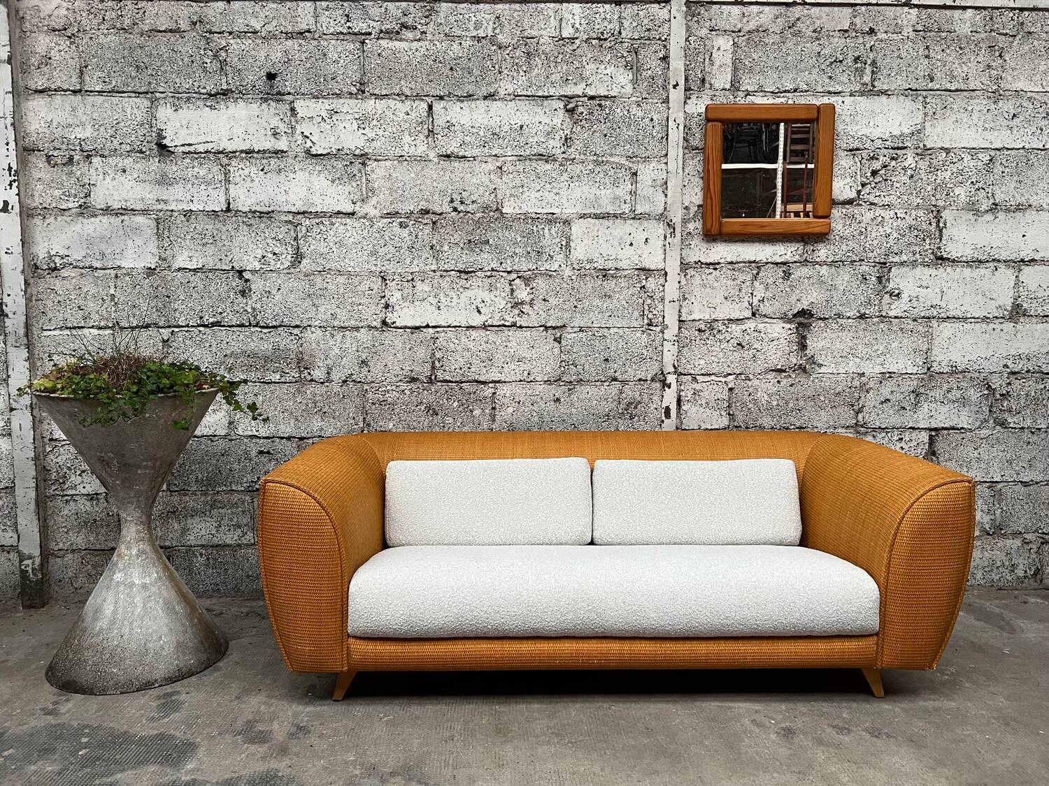 Vintage rattan sofa design 1970 ecru French terry fabric