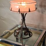 Wrought iron lamp brandt style, muller art deco with pink clichy glass lampshade and gilding 27x21