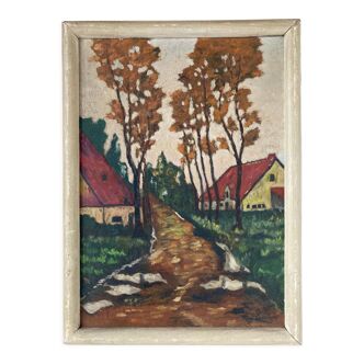 Tableau peint à l’huile sur panneau représentant un paysage avec des arbres