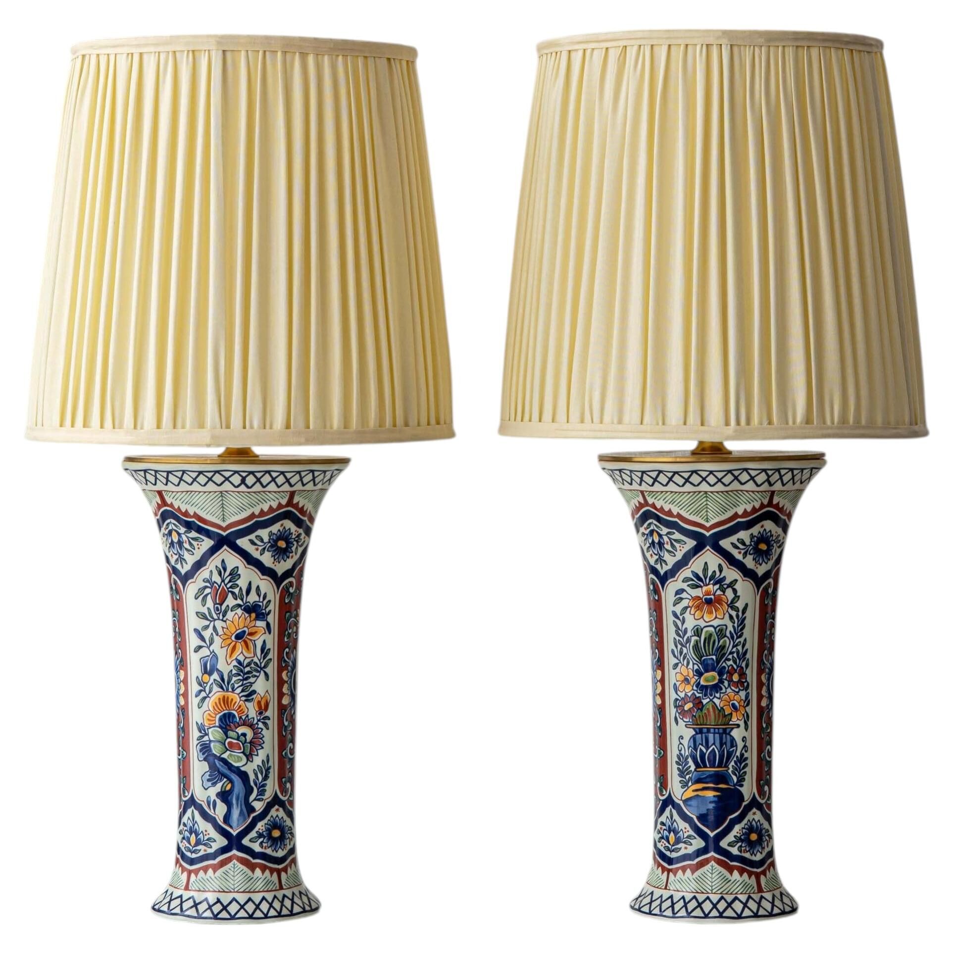 Vintage Belgian Delft Style Table Lamps by Boch with Brass Elements, 1950-1970, New Shades