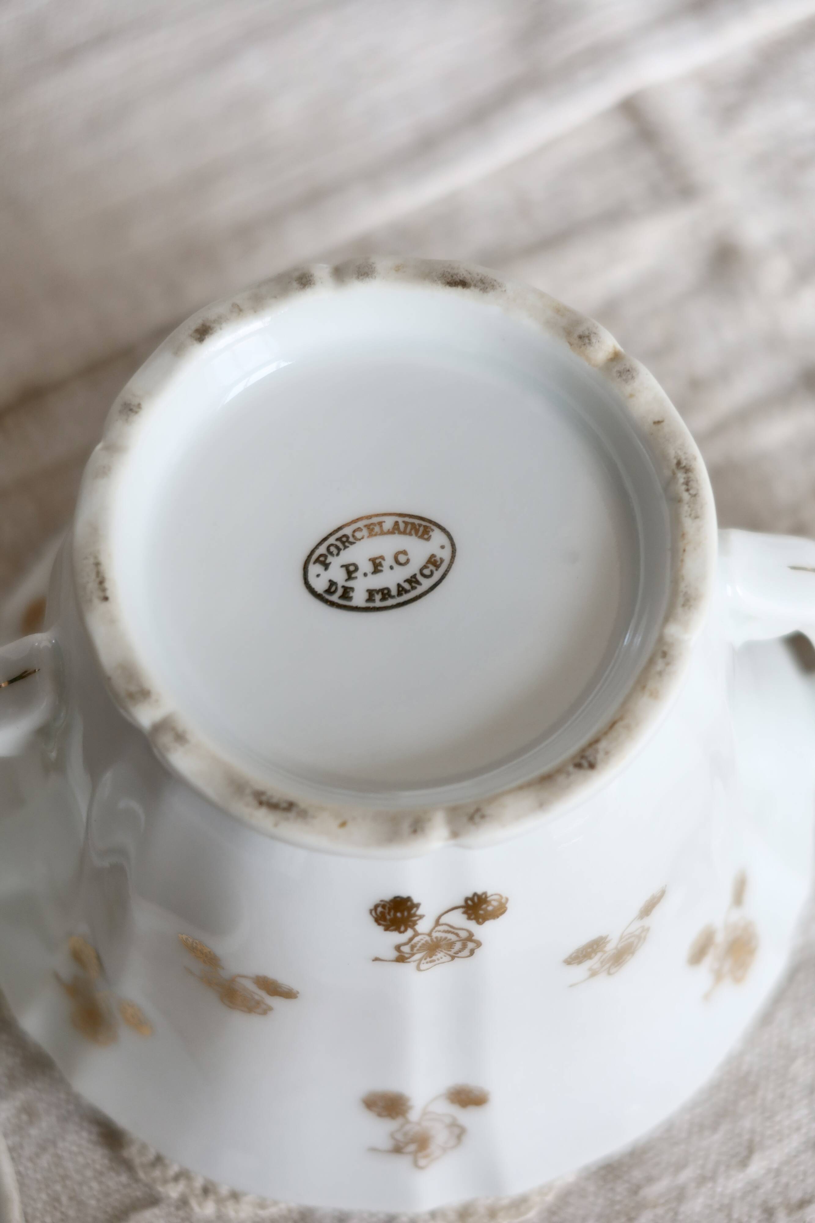 Antique PFC France porcelain sugar bowl with double handles – Gold floral decoration