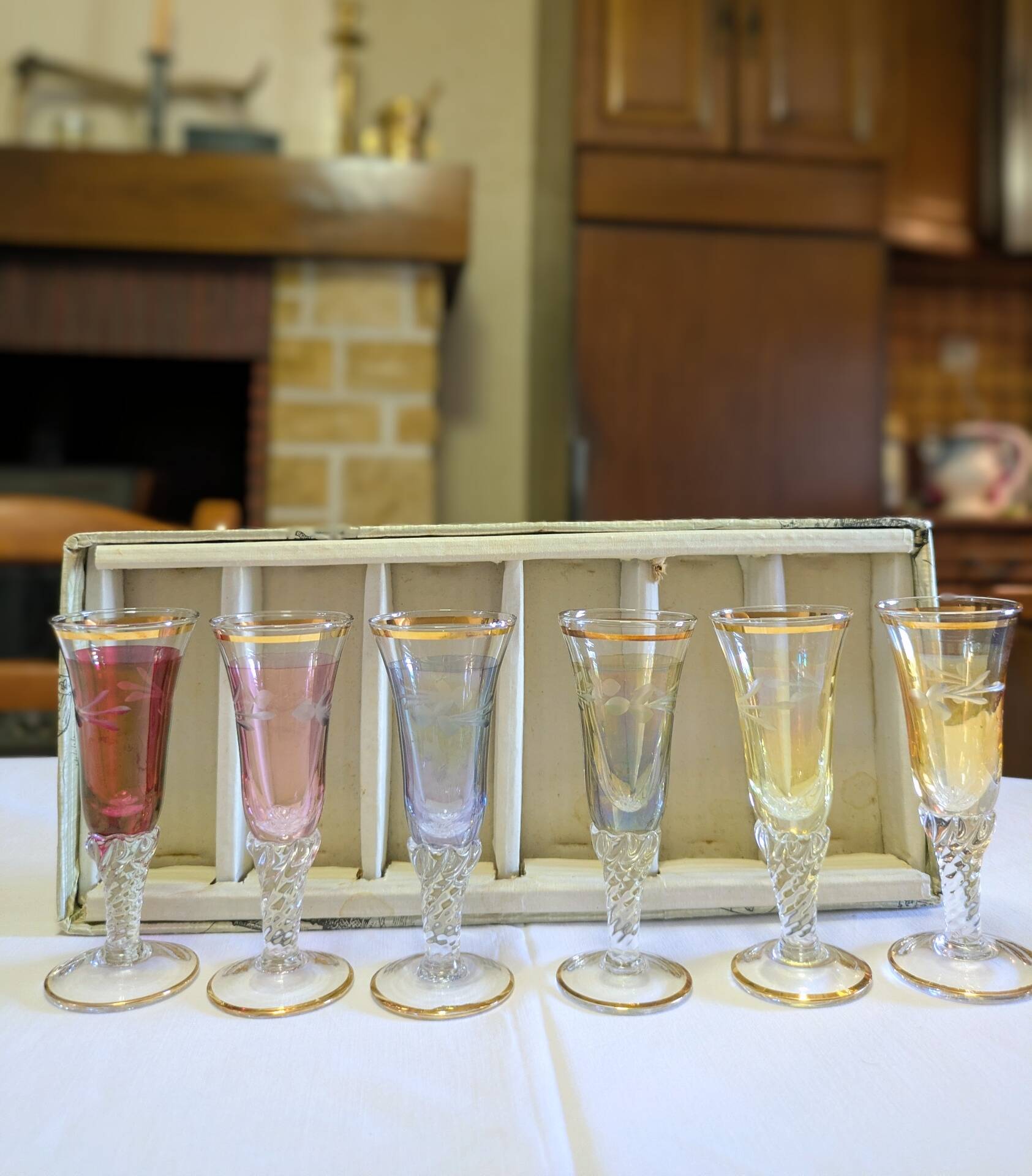 Vintage liqueur glasses in perfect condition in their original box.