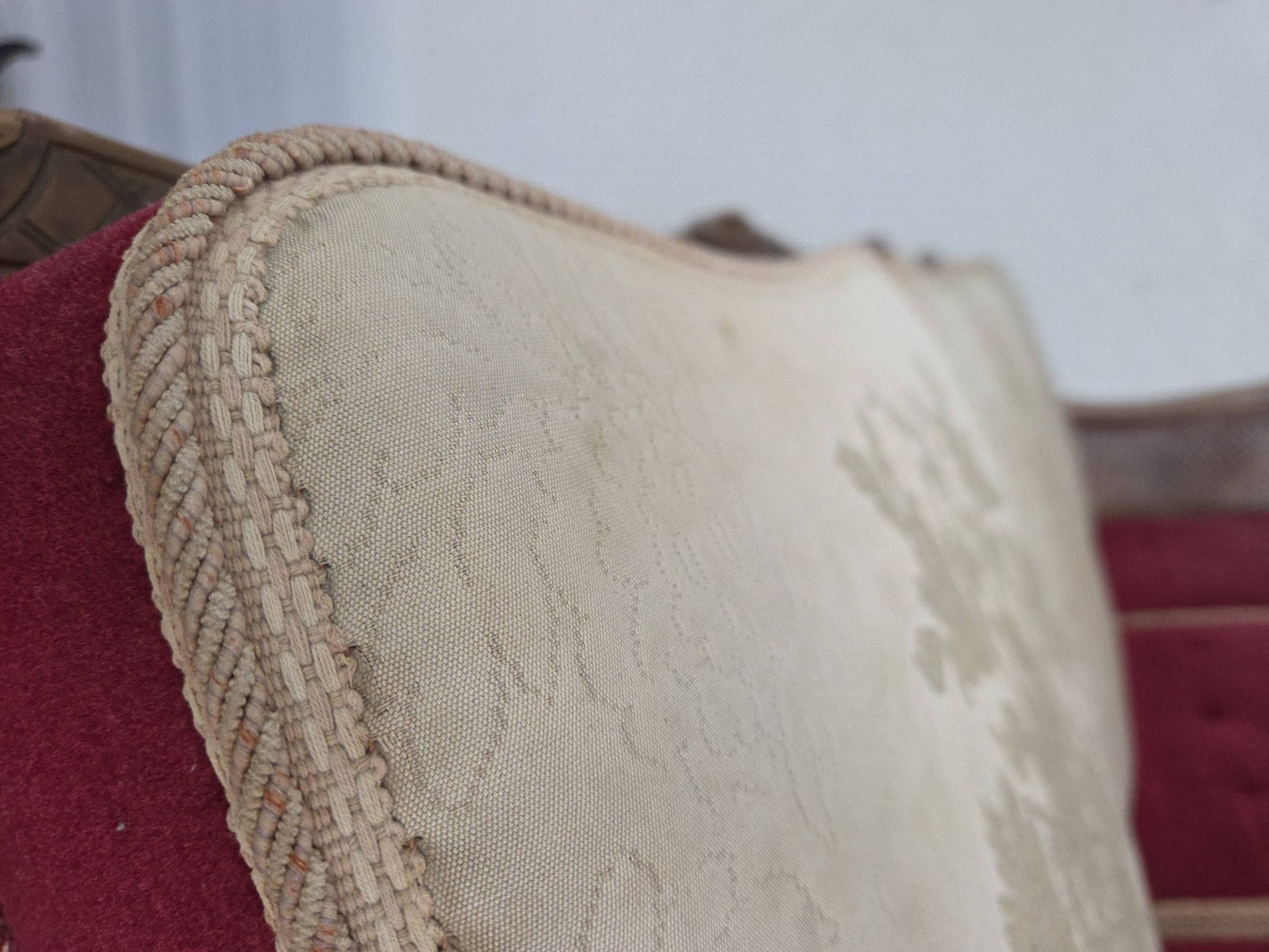 1930s, Danish 3-seater sofa, red furniture velour, furniture mesh.