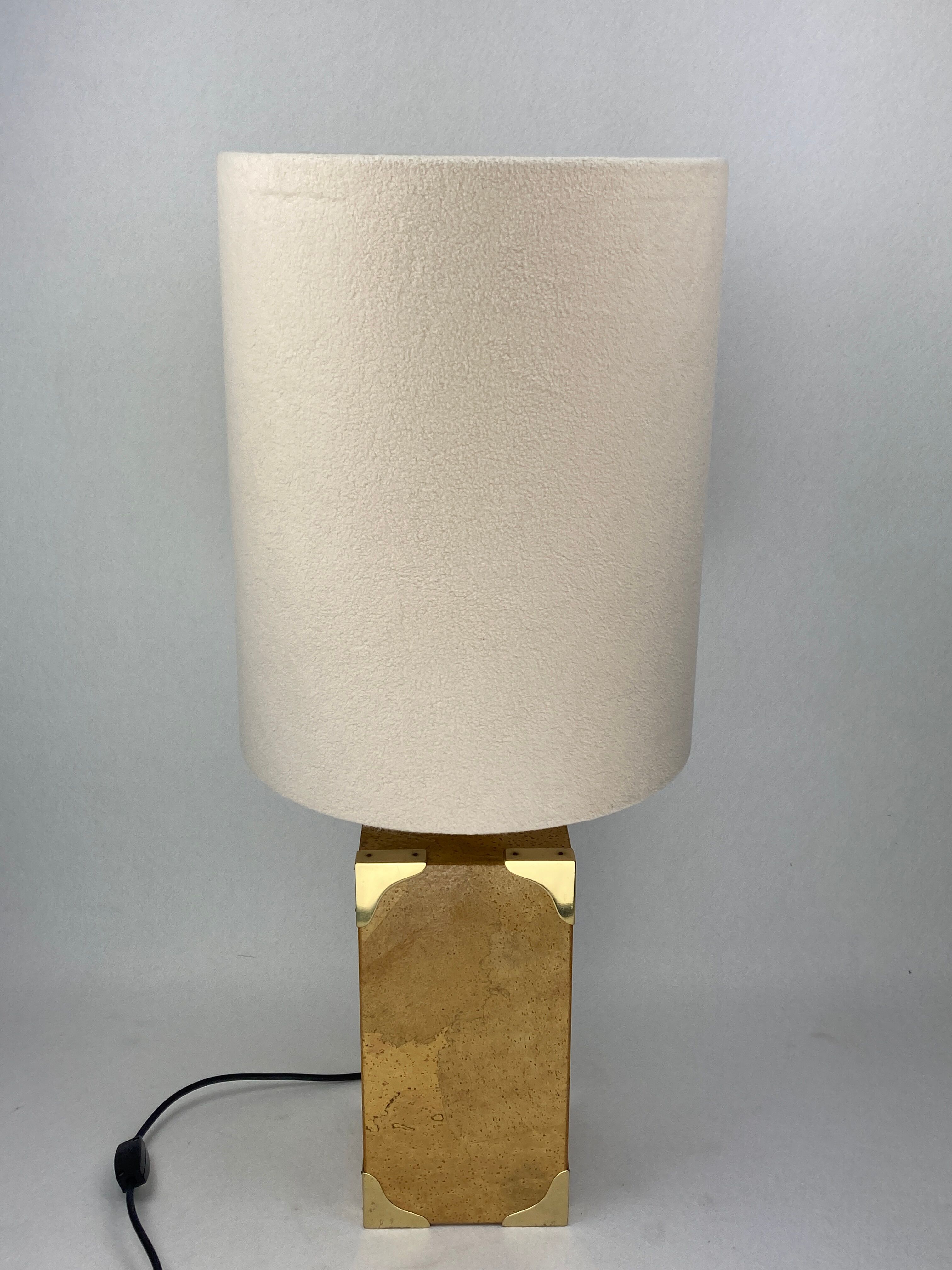 Cork and brass table lamp, bouclé shade. Leola Design Germany 1970s