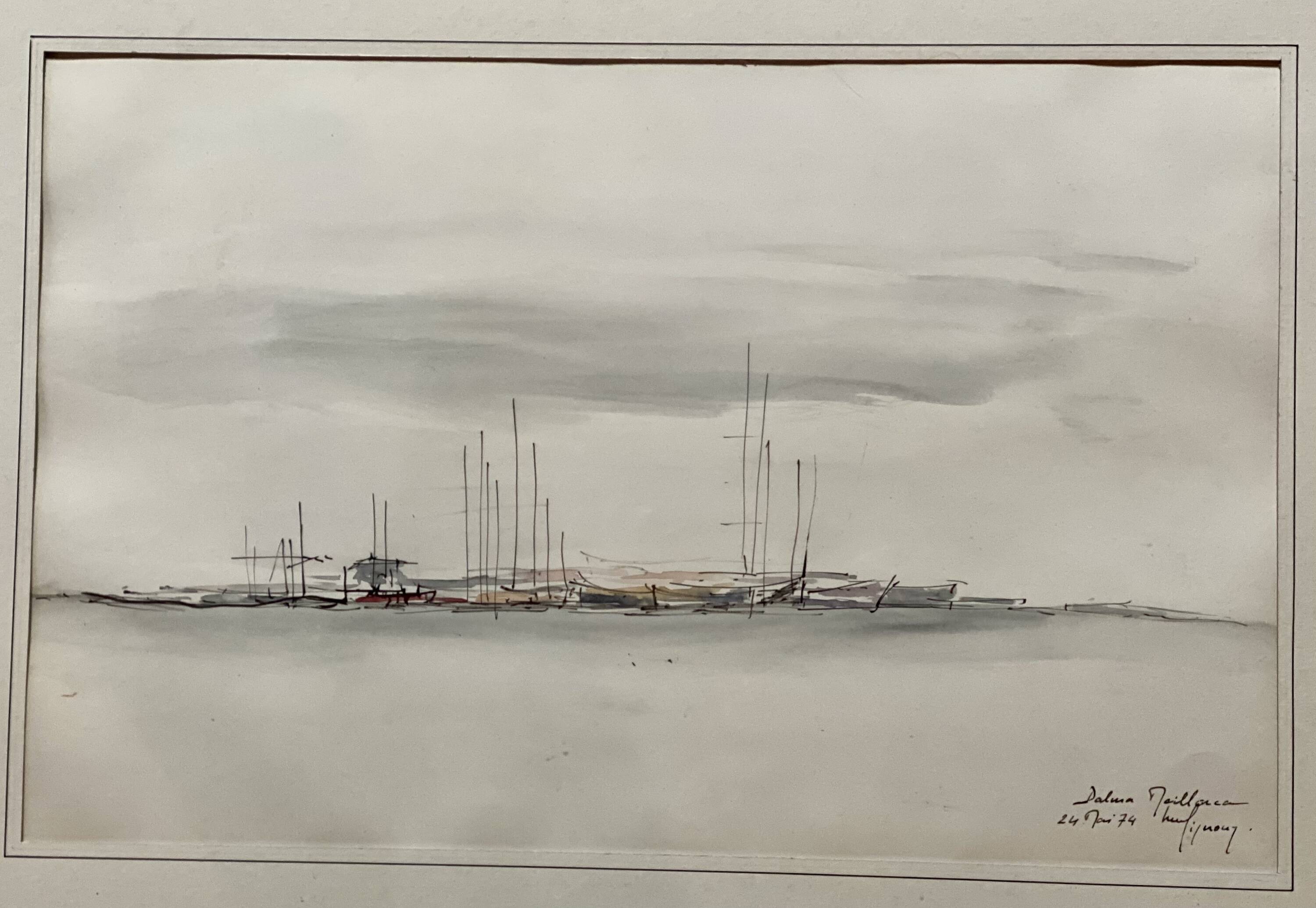 Modernist watercolor by Hubert Gignoux Palma de Mallorca vintage 1970