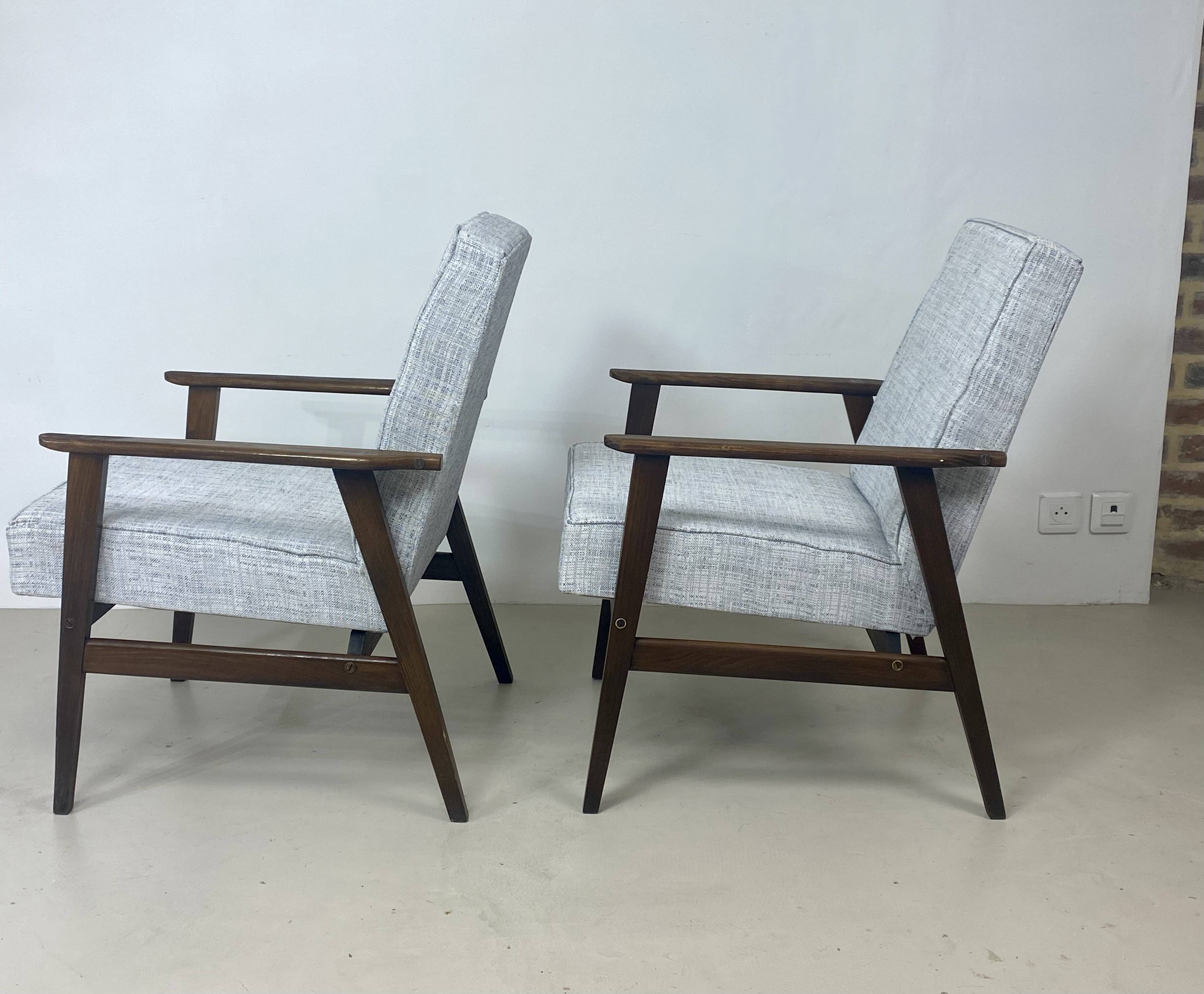 Pair of Henryk Lis 300-190 armchairs, 1970s, heathered grey-blue fabric. Ref: