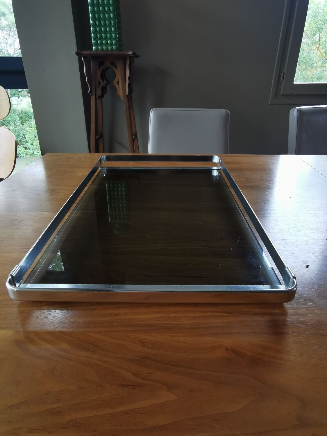 Large vintage smoked glass and chromed metal tray