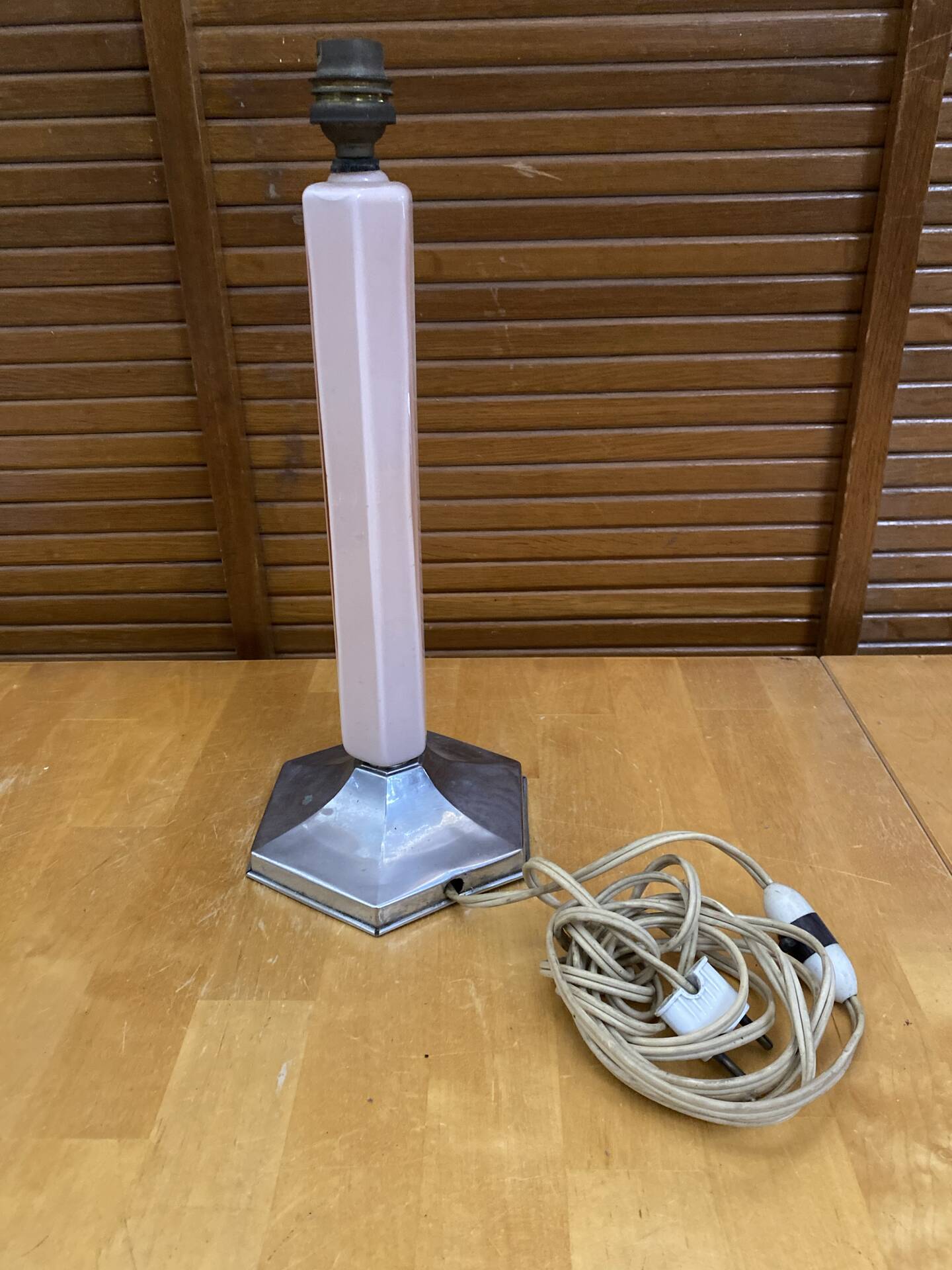 Old art deco hexagonal chrome metal lamp base + vintage pink glass